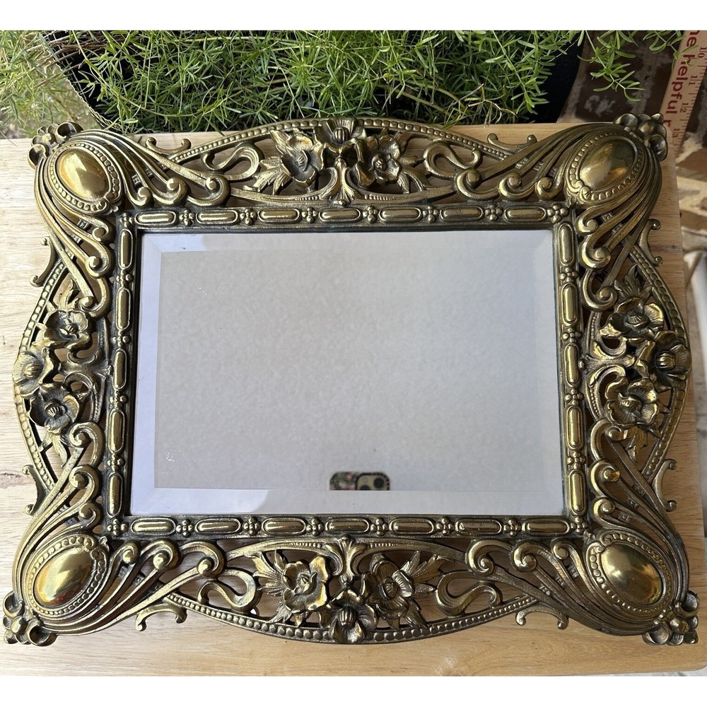 Victorian Antique Art Nouveau Frame Bevel Mirror 16.5x13 Inch Ornate Bronze